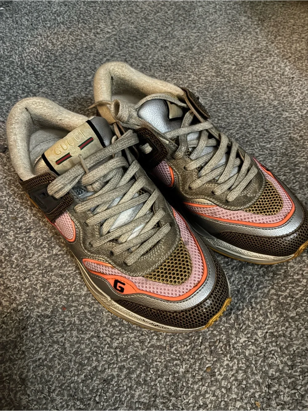 Gucci Gray, Pink & Brown Mixed-Media Sneakers